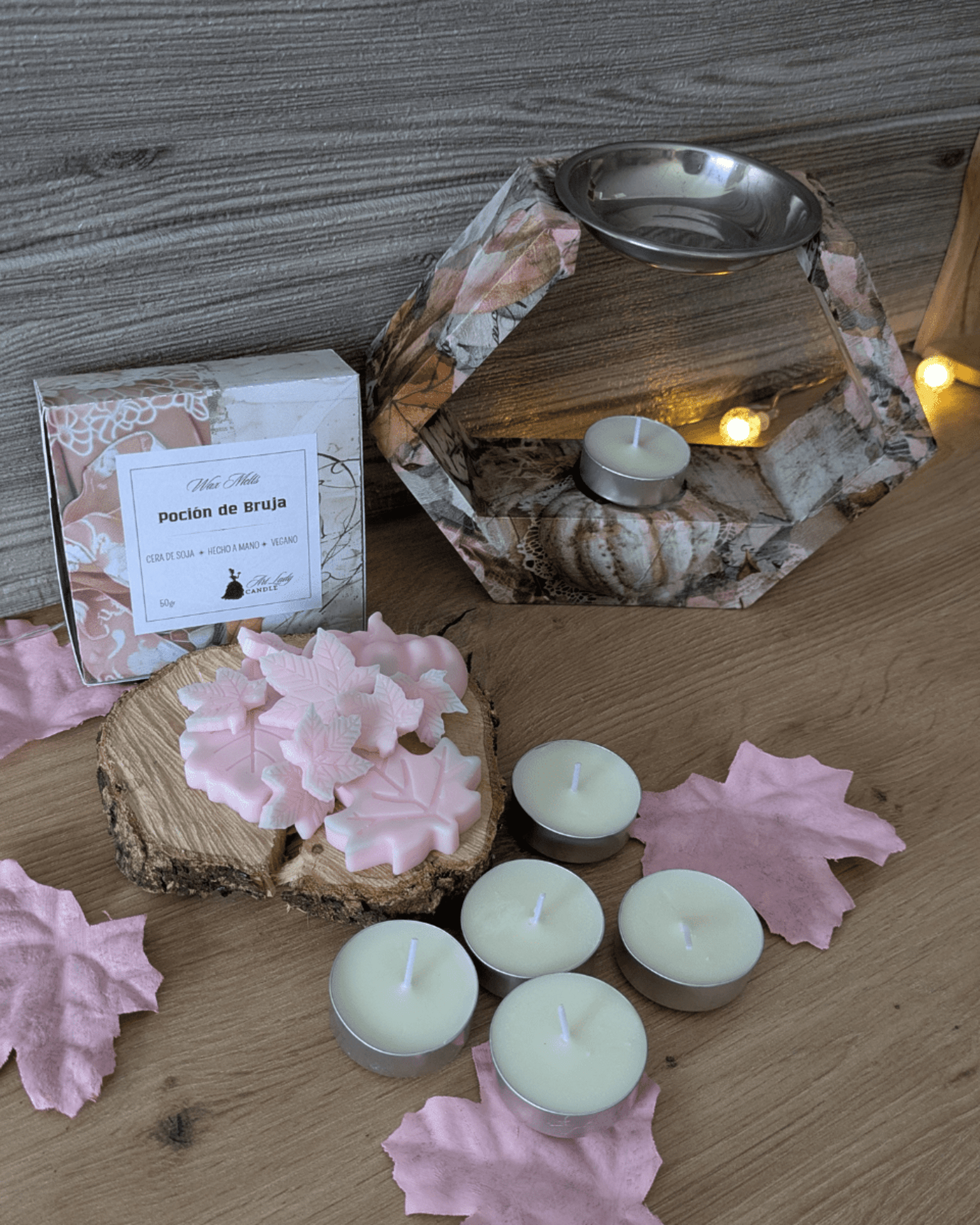 Pack rosa Quemador + 2 cajas de wax melts + 6 velas de té - 1